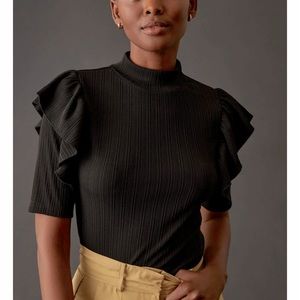Anthropologie DOLAN Ruffled Mock Neck Blouse Short Sleeve Top Black Size L Large